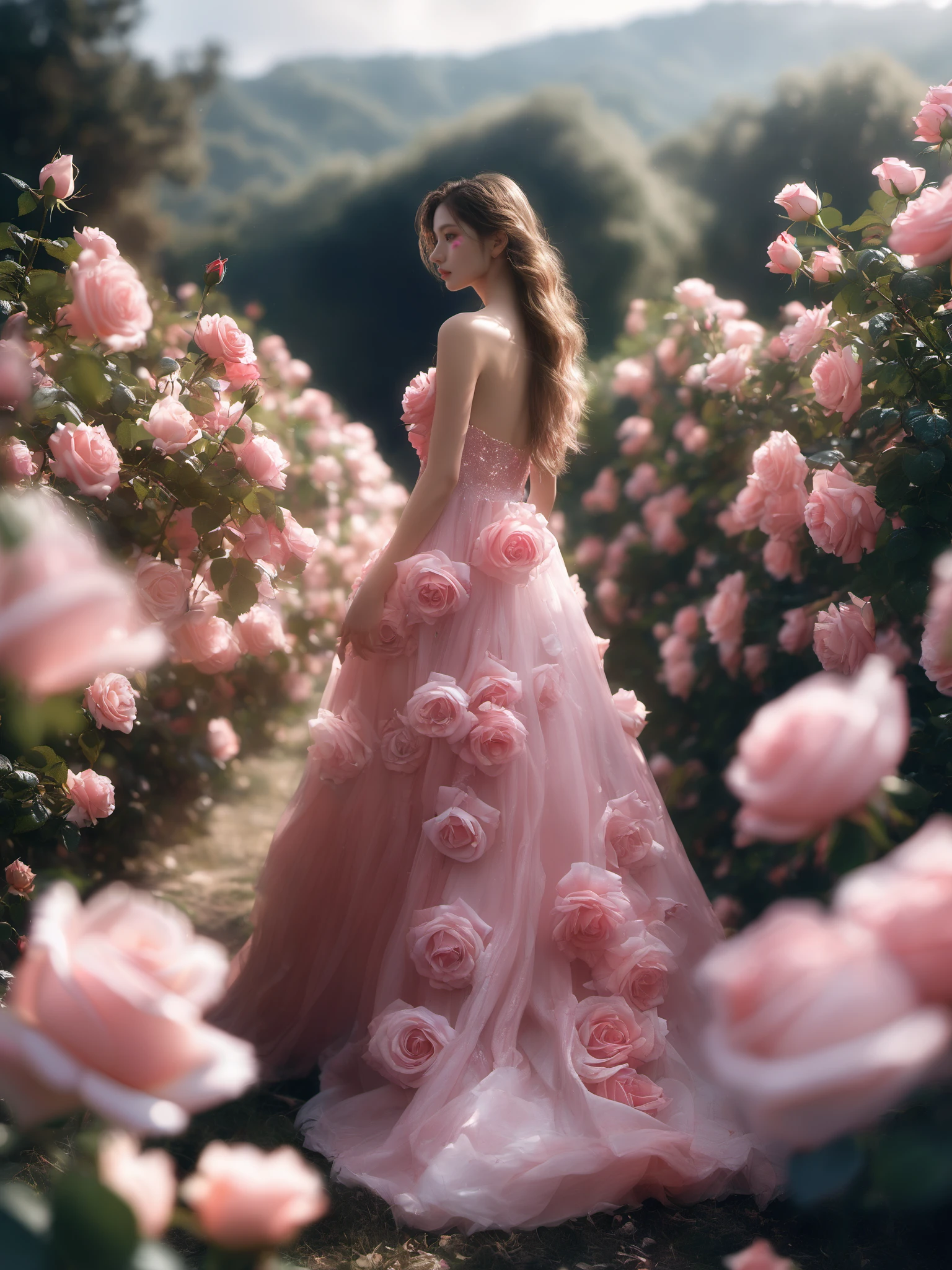 photorealistic,realistic,photography,masterpiece,best quality,ultra-detailed,extremely detailed CG unity 8k,1girl,solo,rose,long hair,back hair,dress,bare shoulders,standing,full body,flower,outdoors,from side,tree,pink flower,pink rose
 <lora:SNAKE PINK ROSE XL:0.8>