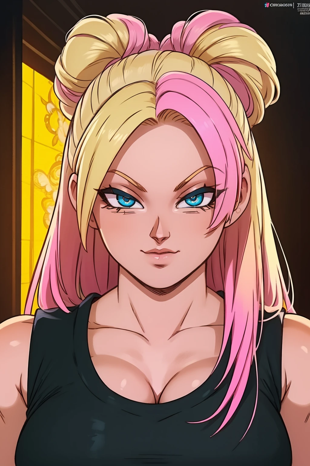 Best_QualityPos, RAW photo, intricate details, best quality, 8k uhd, soft lighting, 1girl, solo, dbs_bs, alexa bliss, multicolored hair, long hair, blonde hair, pink hair, blue eyes <lora:Dragon_Ball_Super_Broly_Style_Last:0.7>  <lora:Alexa_Bliss:0.6>