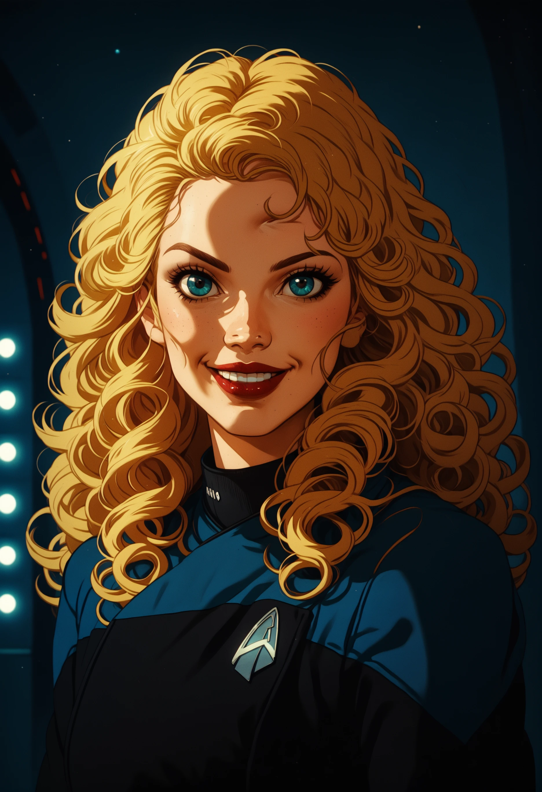 score_7_up,solo,long blonde curly hair,1girl,lipstick,smiling,
pcdst,Star trek uniform,blue,blue shoulders,black jumpsuit
,<lora:PicardPony-000050> <lora:Kenva_Enhanced:0.8><lora:Kenva:0.8>