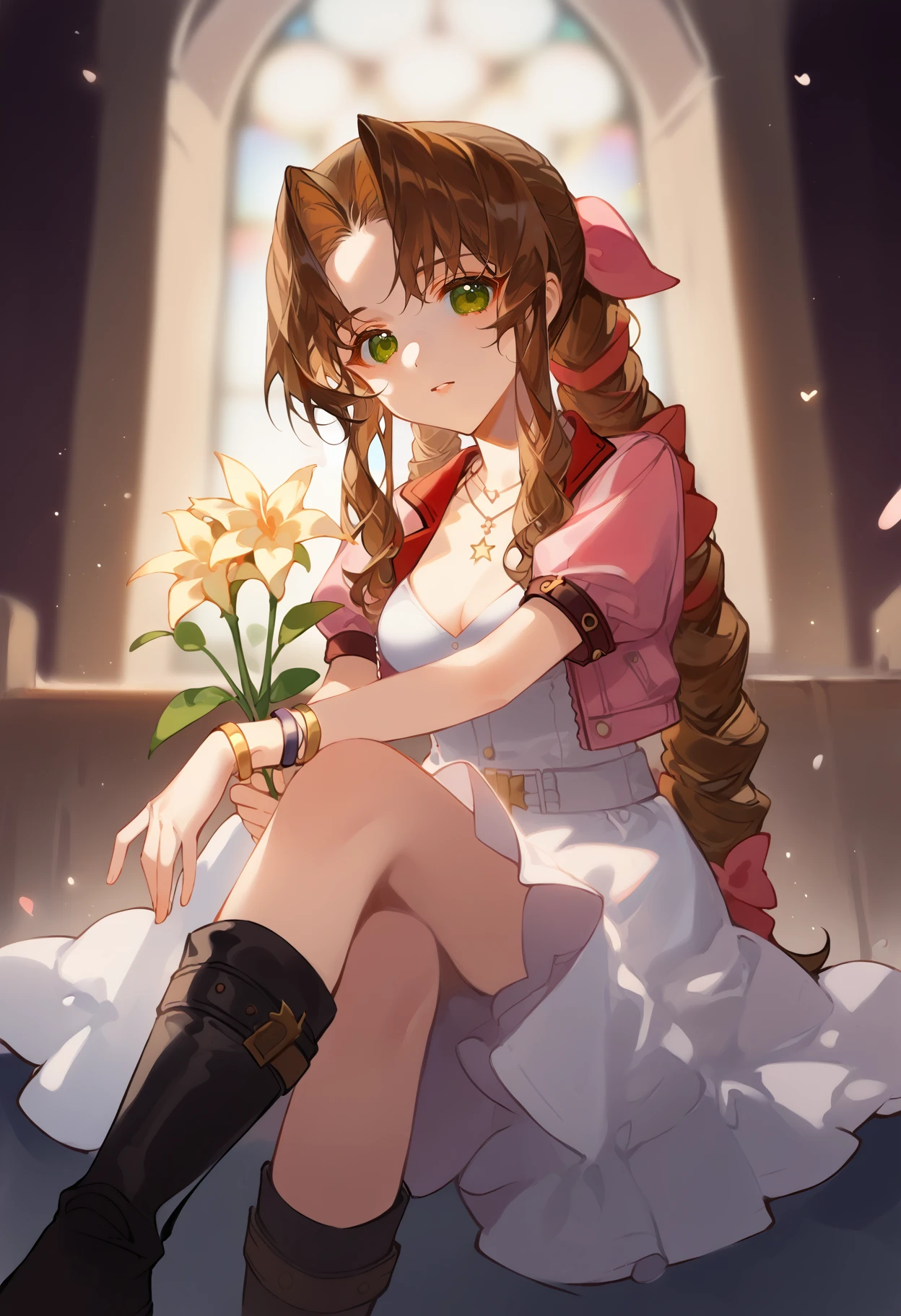 score_9, uncensored, source_anime
BREAK
aerith gainsborough, 1girl, arm on knee, belt, boots, bow, braid, braided ponytail, breasts, brown hair, church, cropped jacket, crossed legs, dress, flower, green eyes, hair ribbon, holding, holding flower, jacket, knees up, long hair, pink bow, ribbon, short sleeves, sitting, solo, white dress
<lora:ciloranko_pony_v3:1>