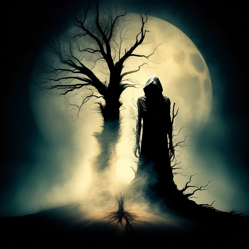 dead tree, hooded figure, shadow, scary, surreal, smoke, moon