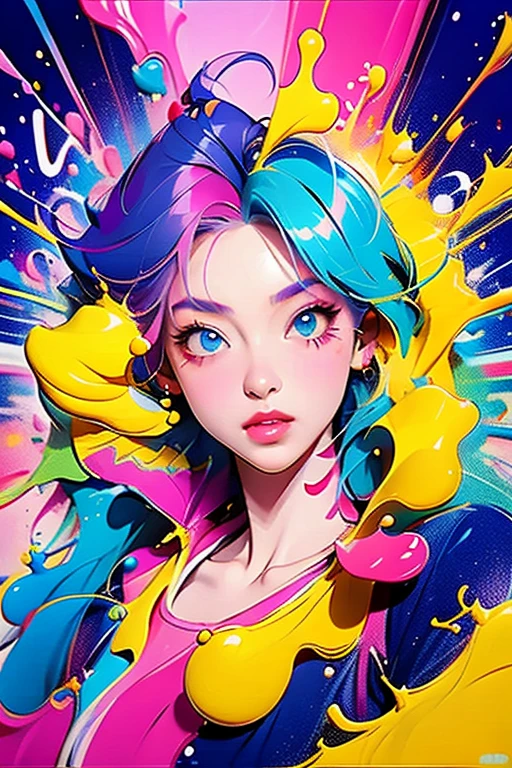 1girl,solo,paint splatter,watermark,web address,makeup,paint,multicolored hair,parted lips,blue eyes,lips,purple hair,pink hair,eyeshadow,colorful,paint splatter on face,artist name,upper body,lipstick,short hair,rainbow hair,bare shoulders,nose,,,,<lora:lightline-v2.0:0.6>,<lora:meinv123:1>,<lora:Dream color:1>