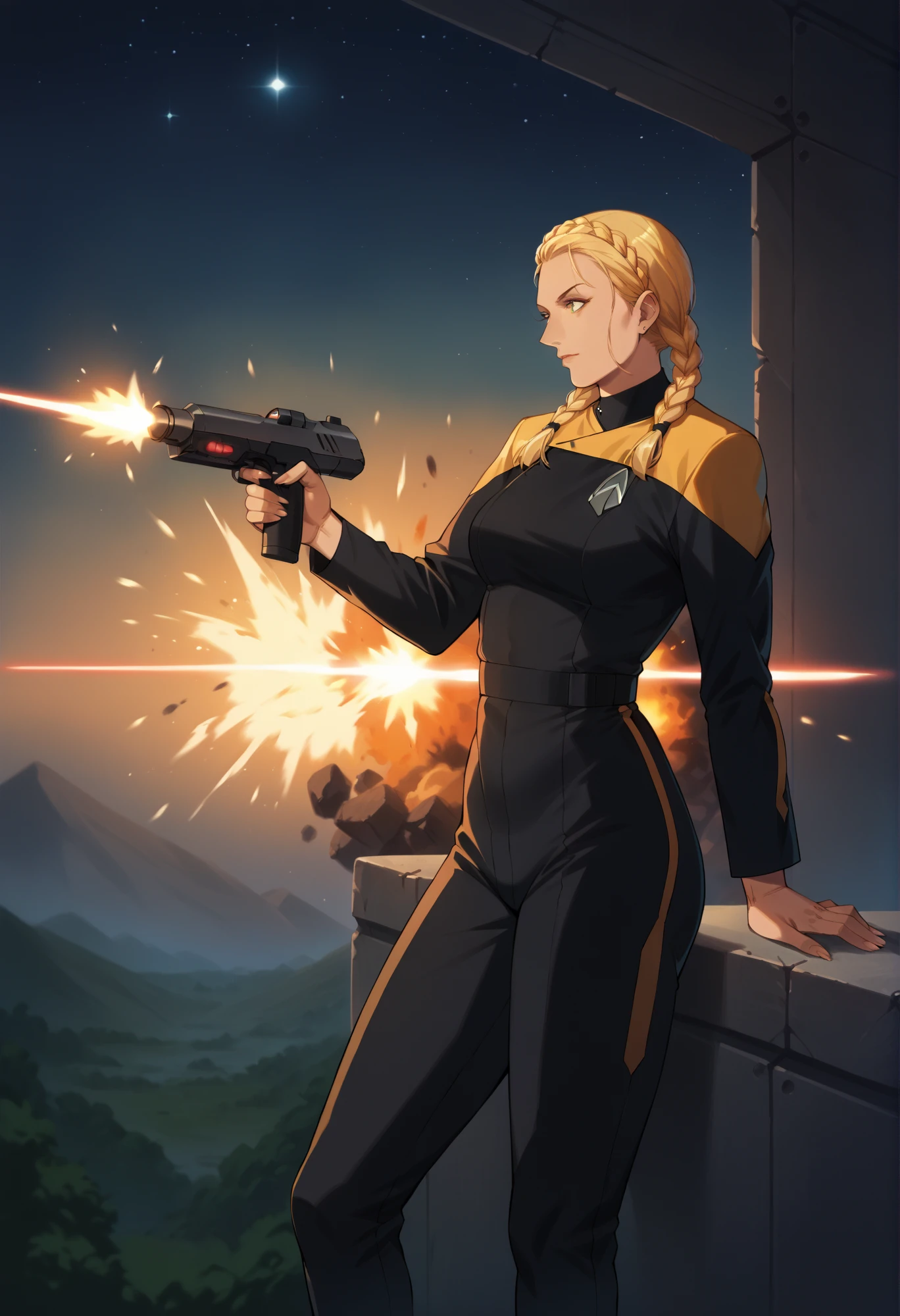 core_9, score_8_up, score_7_up, score_6_up,1girl,twin braids,gigner,mature, space scenery,spacestation,holding laser gun,laser,battle,explosion,metal,
pcdst,Star trek uniform,yellow,yellow shoulders,black jumpsuit
,<lora:PicardPony-000050>