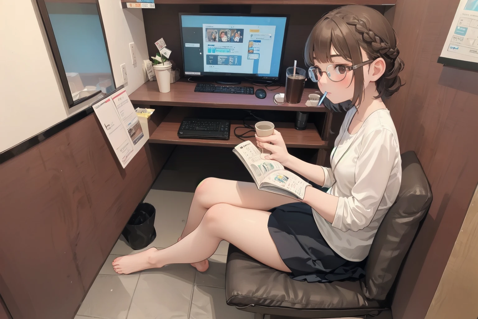 masterpiece, best quality, ultra-detailed, illustration, glasses,
necafe, scenery, 1girl, solo, brown hair, sitting, reading, indoors, chair, drinking straw, book, cup, computer, braid, drink, barefoot, short hair, crossed legs, skirt, desk, monitor, from side
<lora:netcafe_SD15_V1:0.8>