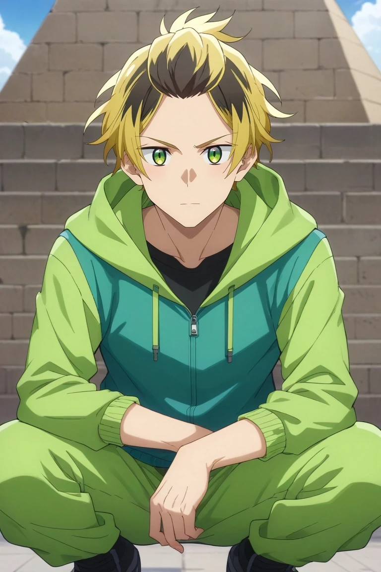 score_9, score_8_up, score_7_up, source_anime, rating_safe, , , looking at viewer, depth of field, 1boy, solo, male focus, <lora:gonzaburou_tashiro_pony:0.74>, gonzaburou_tashiro, blonde hair, green eyes, short hair, multicolored hair, two-tone hair, streaked hair, black hair, bangs, bangs pinned back, symmetry, pyramid, day, squatting, nervous, galactic warrior costume, <lora:sdxl_lightning_8step_lora:1>