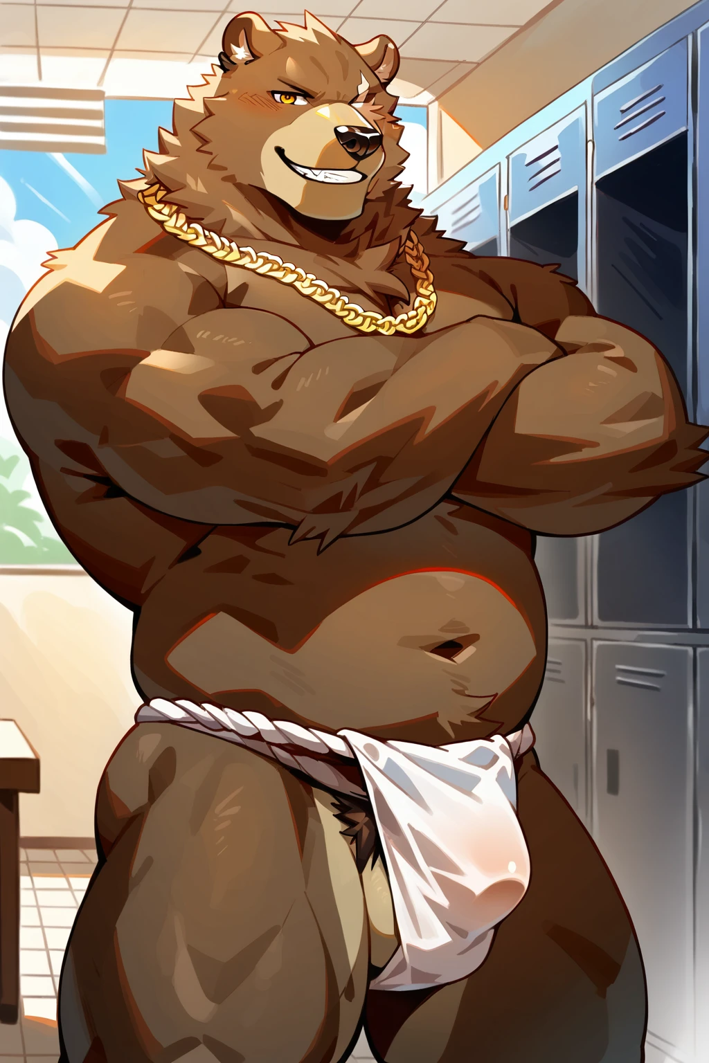 score_9, score_8_up, score_7_up,
((best quality)), absurdres,
<lora:BenBiggerPXL:1> benbiggerpxl, one eye, anthro, male,
solo, gold chain necklace, smile, smirk, looking at viewer, seductive pose, topless, pecs, locker room, public, crowd, arms crossed, (closeup), fundoshi,
<lora:Smooth Anime Style LoRA XL:0.7> Smooth, Anime, <lora:Expressive_H:1> Expressiveh,