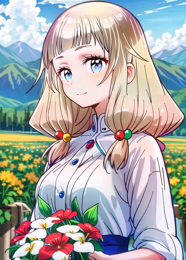 sakura nene,
holding bouquet, plains, mountains, smile, head tilt, 1girl, solo,
<lora:150charsKiraiNAI:1>