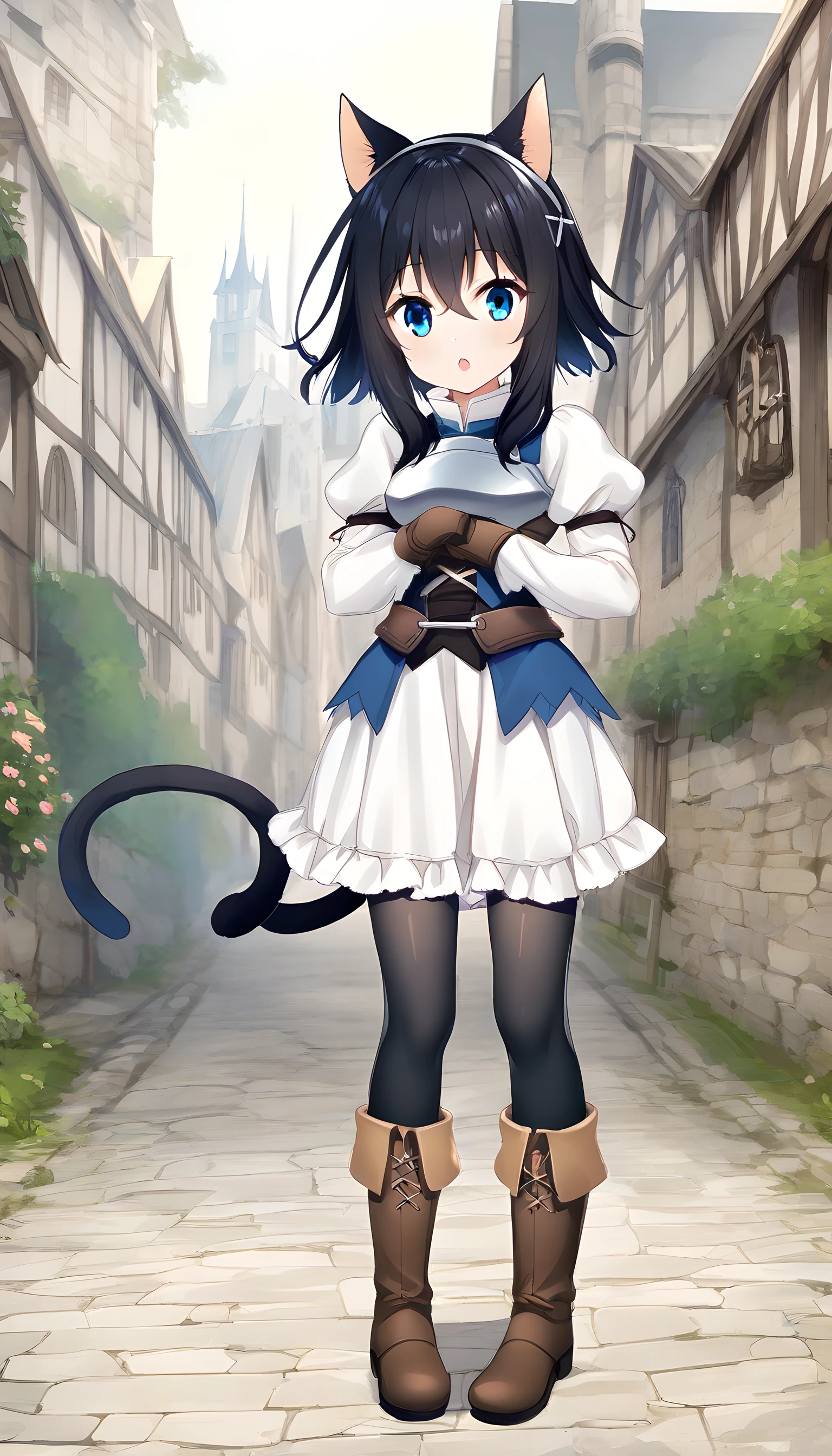 fran(tenken),1girl, solo, animal ears, cat ears, cat girl, cat tail, black hair, short hair, blue eyes, black thighhigh, hair between eyes, gloves, dress, chest plate, puffy sleeves, boots, full body, medieval city background, hands on waist, :o<lora:XL-Fran(TenKen):1>