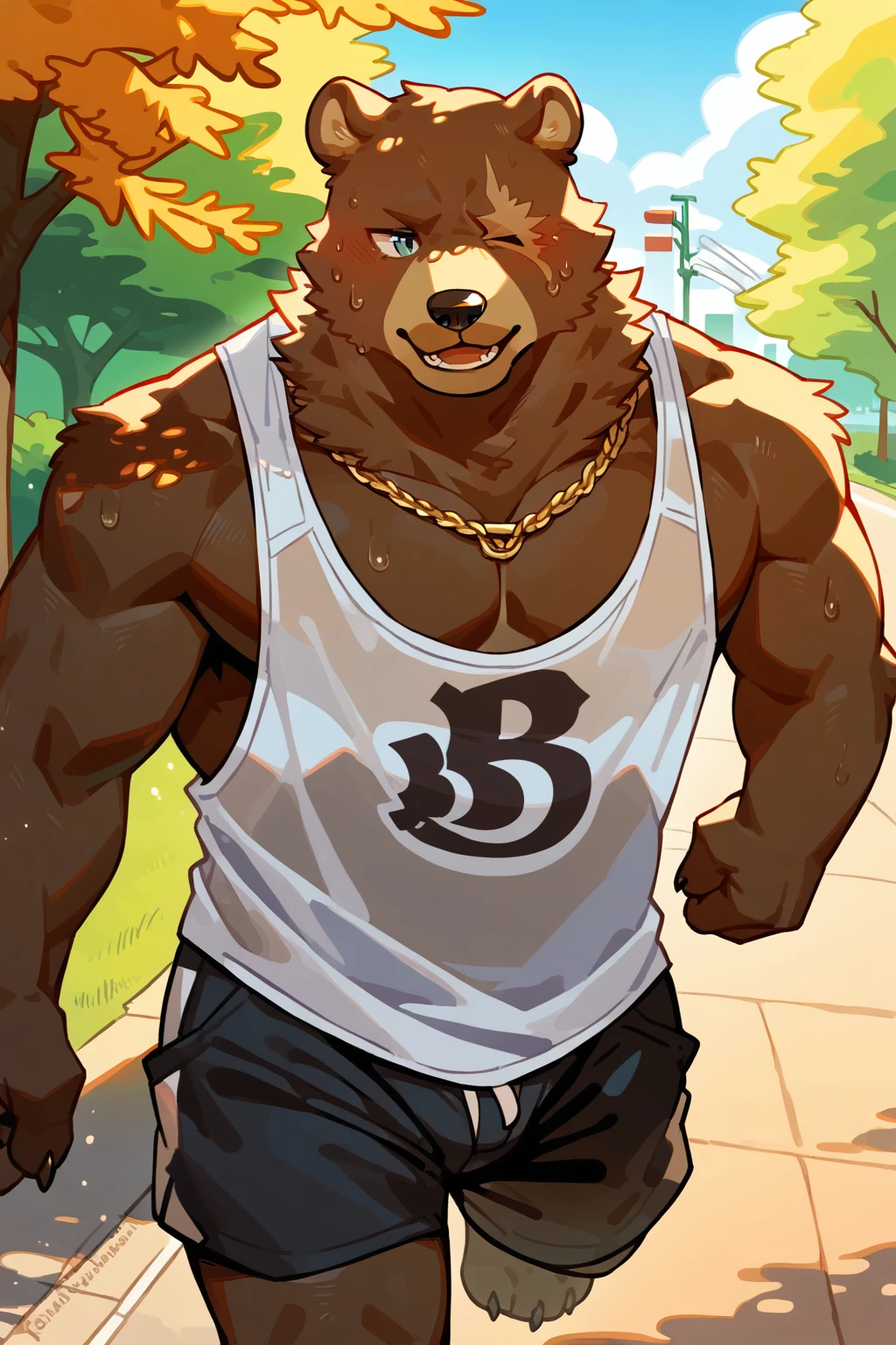 score_9, score_8_up, score_7_up,
((best quality)), absurdres,
<lora:BenBiggerPXL:1> benbiggerpxl, one eye, anthro, male,
park, jogging, in motion,  tank top, short shorts, translucent topwear, sweat, outdoors, half body portrait,
<lora:Smooth Anime Style LoRA XL:0.7> Smooth, Anime, <lora:Expressive_H:1> Expressiveh,