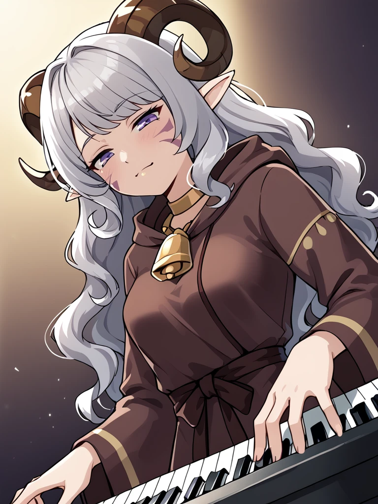 <lora:Keyboard:0.8> keyboard, playing instrument,  keyboard \(instrument\), 
from below, 
 source_furry, score_7_up, rating_safe, cowboy shot, gold necklace, tiefing, short pointed ears, brown horns, (a pair of brown sheep horns that begin at her temples and curve back: 1.5), bangs, long silver hair long wavy hair, pale skin, short pointy ears, purple eyes, <lora:age_slider_v4:0.6>   medium breasts, skinny female, close up, silver hair, <lora:Tieflingnew weird fantasyDND:0.3> Tiefling, pointed ears, horns, half-closed eyes<lora:Smooth Style 2 SDXL_LoRA_Pony Diffusion V6 XL:0.3> bell, robe, hood off,
<lora:whisker_markings:0.8>whisker_markings:1.5,