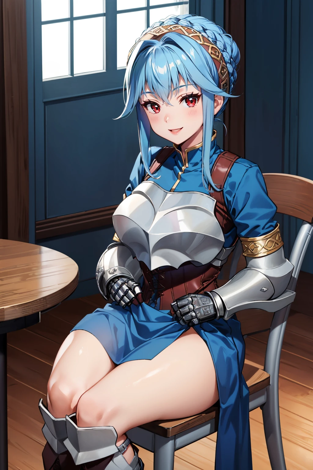 masterpiece, best quality, 1girl, solo <lora:uovirginia-nvwls-v1-000009:0.9> uovirginia, hair bun, red eyes, crown braid, hairband, blue dress, long sleeves, armor, corset, pelvic curtain, gauntlets, looking at viewer, armored boots, large breasts, sitting, chair, table, looking at viewer, smile, indoors, mansion