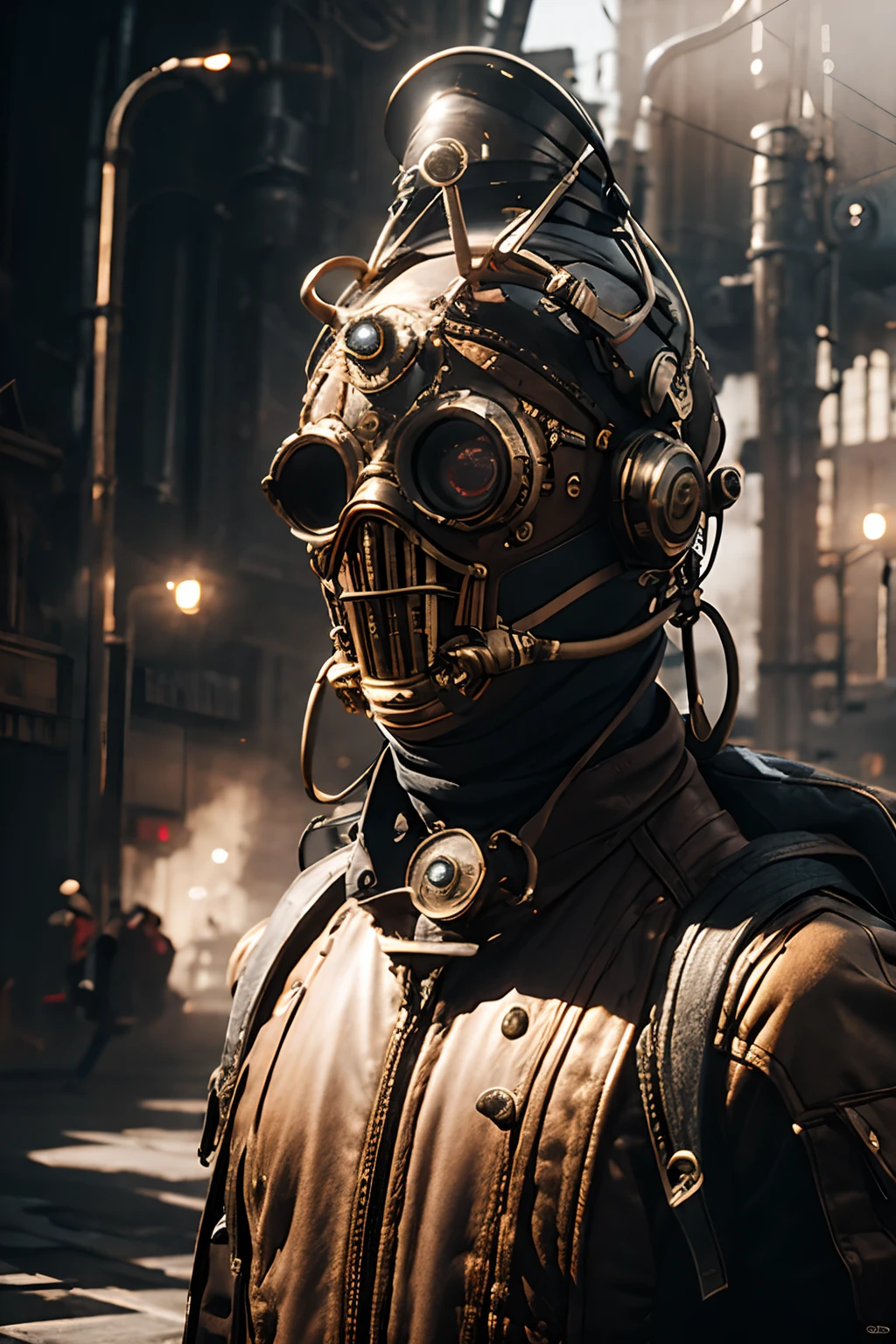 steampunk,award-winning picture,ban,science fiction,highly detailed,Cinematic Lighting,realistic,ultra-high resolutions,32K UHD,best quality,masterpiece,1 person,solo,half-body,bokeh,character focus,mask,,<lora:steampunk_v1.0:1>