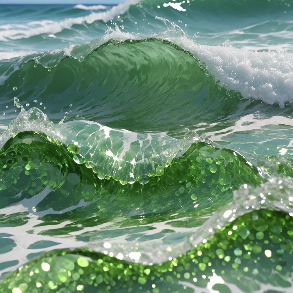 Ocean Waves, made out of hud_per1d0t_wrld, green gem, glittering, <lora:peridot:0.7>