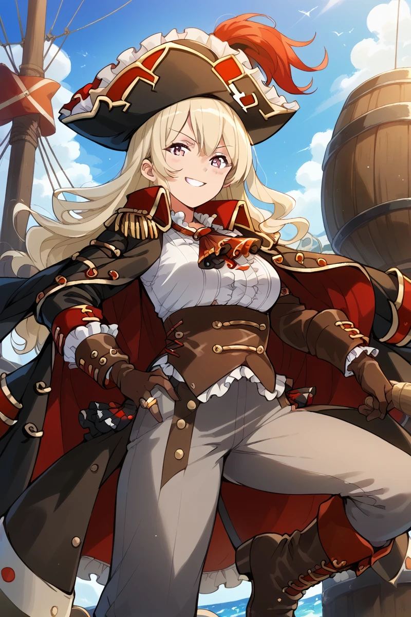 score_9, score_8_up, score_7_up, score_6_up, 1girl,
 <lora:Claudine_Saijo:0.9> claudine, long hair, blonde hair, hat, barrel, solo, pirate, pirate hat, blonde hair, ring, gloves, long hair, smile, pants, watercraft, frills, boots