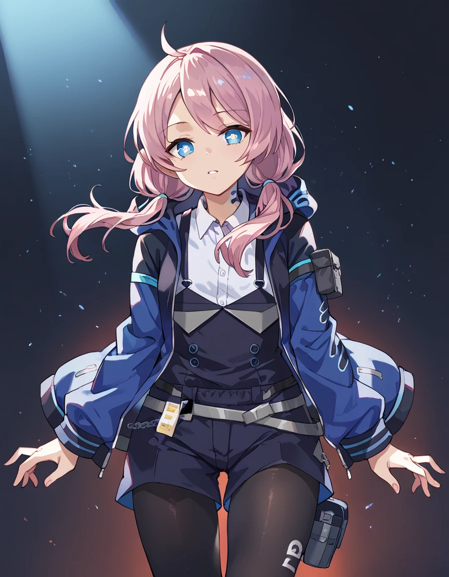 Volumetric Lighting, source_anime, score_9, score_8_up, score_7_up, masterpirce BREAK, light depth, dramatic atmospheric lighting, Volumetric Lighting, blue poison (arknights), blue eyes, unusual pupils, pink hair, low twintails, ahoge BREAK, base_jacket, open jacket, hooded jacket, E1_pantyhose, E1_shirt, E1_suspenders, E1_shorts, E1_vest