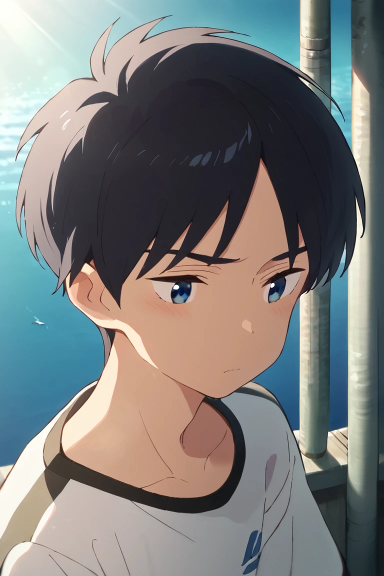 score_9,score_8_up,score_7_up,source_anime,1boy, solo,Kosuke Kumagaya,black hair,blue eyes, light rays, shirt,shorts, close-up<lora:EMS-423016-EMS:1.000000>