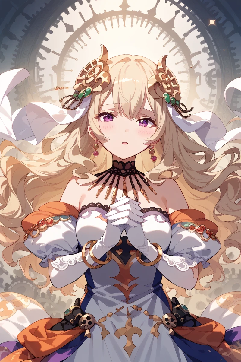 score_9, score_8_up, score_7_up, score_6_up, 1girl,
 <lora:Claudine_Saijo:0.9> claudine, long hair, blonde hair, gears, gloves, dress, solo, jewelry, own hands together, elbow gloves, own hands clasped, white gloves, earrings, hair ornament, bracelet, purple eyes