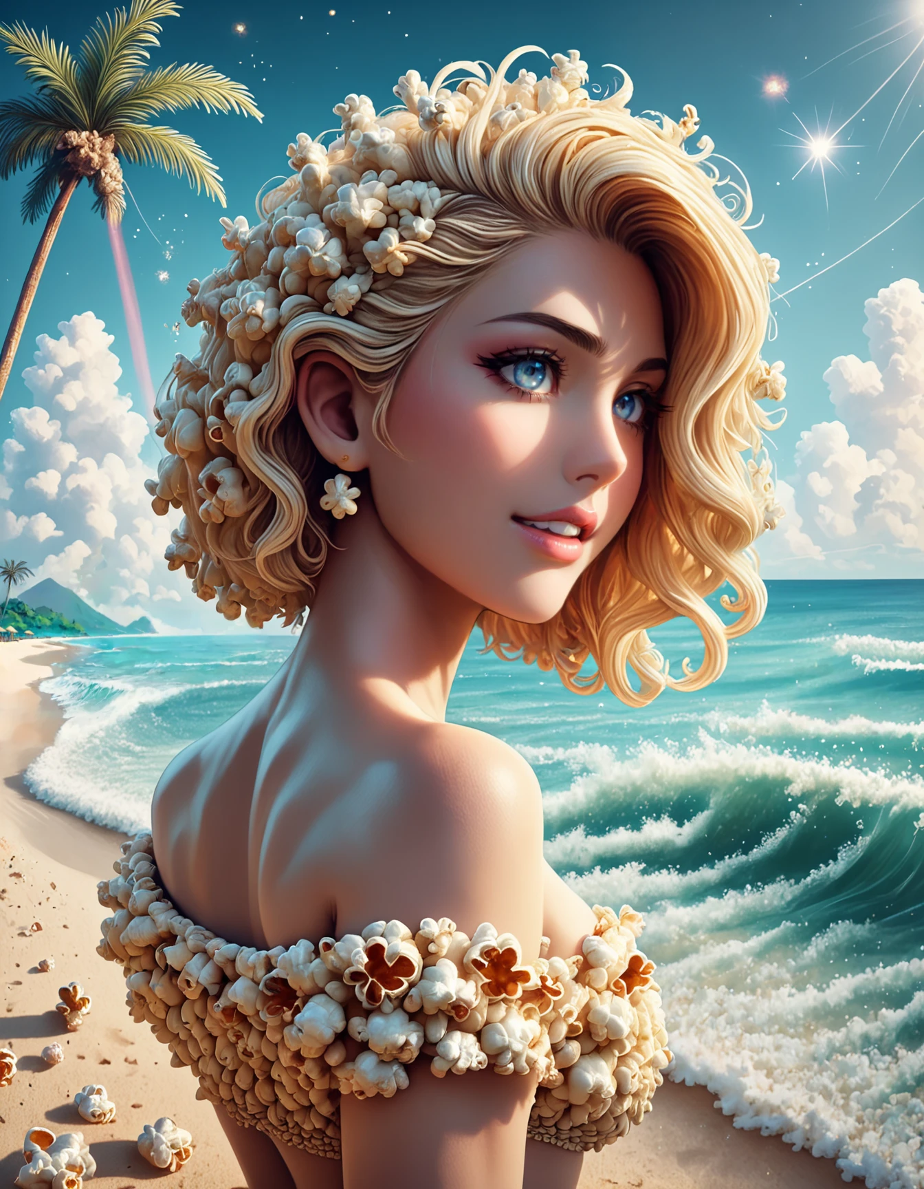 score_9, score_8_up, score_7_up, score_6_up, score_5_up, score_4_up,  
source:photo, Popcorn,
1girl walking on a beach,popcorn bikini, popcorn sand,waves, palm, raining popcorn, blue galaxy sky, popcorn clouds, amrs behind her back, seductive smile,