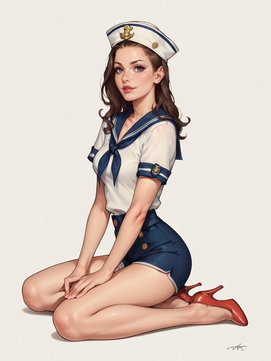 score_9, score_8_up, score_7_up, score_6_up, score_5_up, <lora:s41l0rXLP:0.7> s41l0r, dixie cap hat, hat, sailor, sailor collar, shirt, solo, 1girl, shorts, high heels, pinup, arms at side