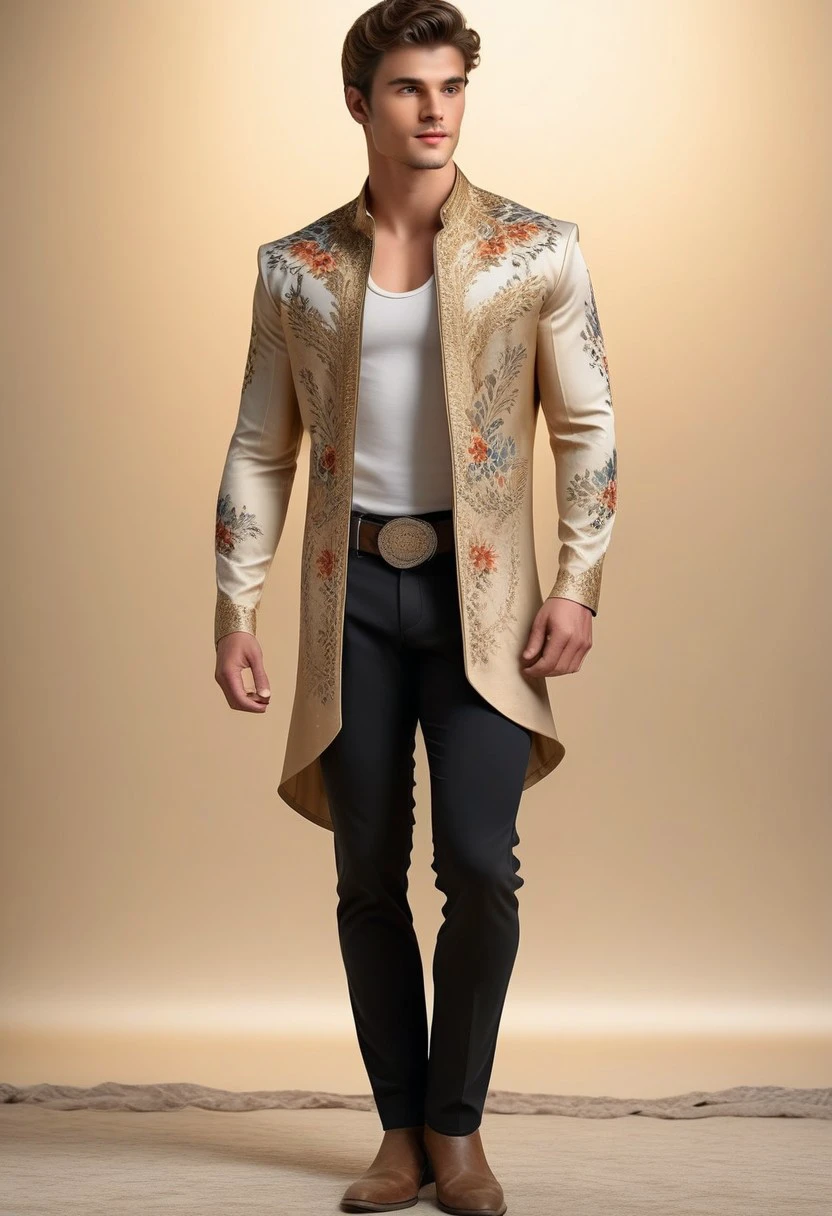 dskgold_filigree, solo, male focus, 1boy, pants, jacket, long sleeves, black pants, arms at sides, cowboy shot, shirt, standing, simple background, open clothes, open jacket, floral print, gradient background, gradient, gold filigree, made of gold, cinematic lighting, cinematic angle, best quality, masterpiece