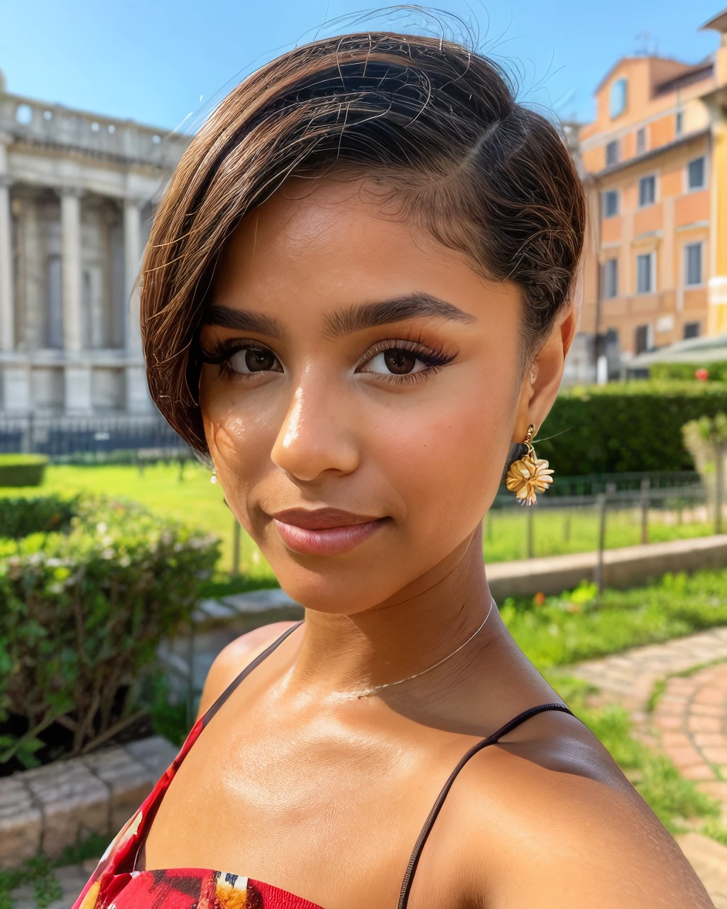 tylasa, ((pixie haircut)), professional portrait of 1girl in a floral dress, lip gloss, lips, youthful, pretty face, earrings, face details, realistic, looking at viewer, lips parted (Rome background), sharp focus