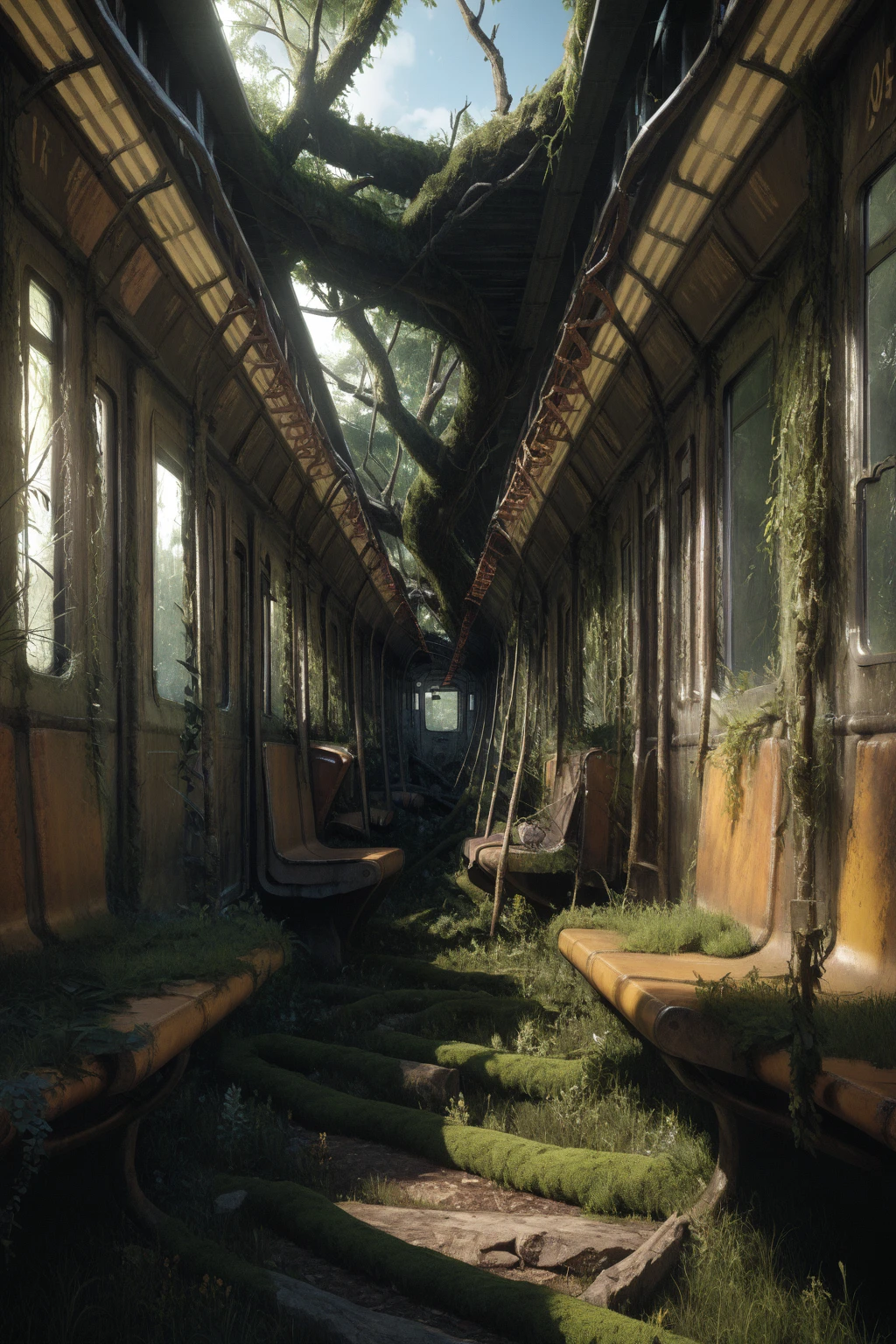 ,ruanyi0777,moss,vines,overgrown,tree,ruins,train station,<lora:0777 no one world_xl_v1:1>, masterpiece,best quality,ultra detailed,8K,super fine illustration,highly detailed beautiful face and eyes,perfect anatomy,professional lighting,