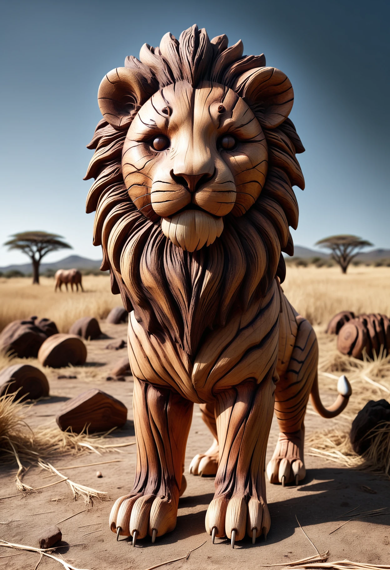 an incredible photo of a majestic wooden lion standing in an African savannah standing, incredible detail, highest quality, dramatic lighting,