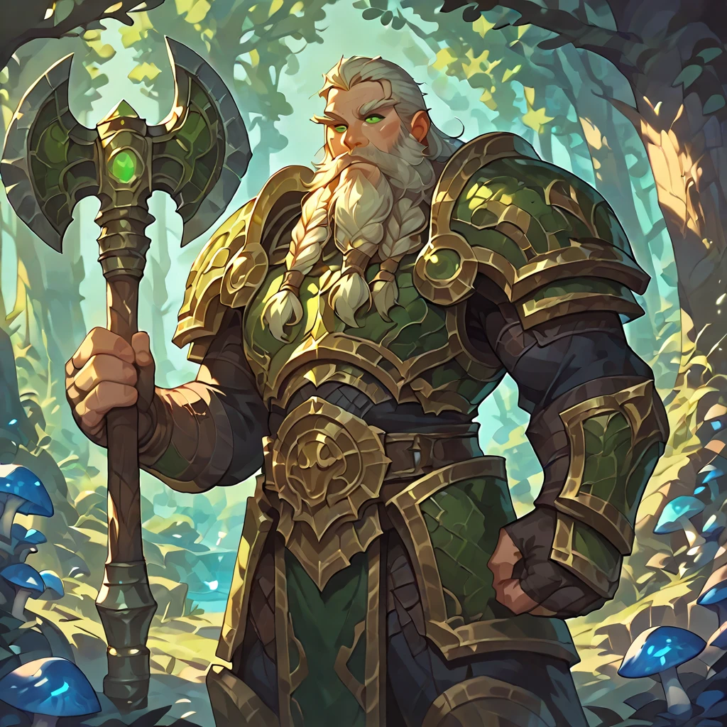 score_9, score_8_up, score_7_up, score_6_up, score_5_up, score_4_up, (A dwarf from the world of warcraft, beautiful green eyes, he is in full green armor and holding an axe while standing in a magical forest. The background features colorfull magic mushrooms:1.2) 