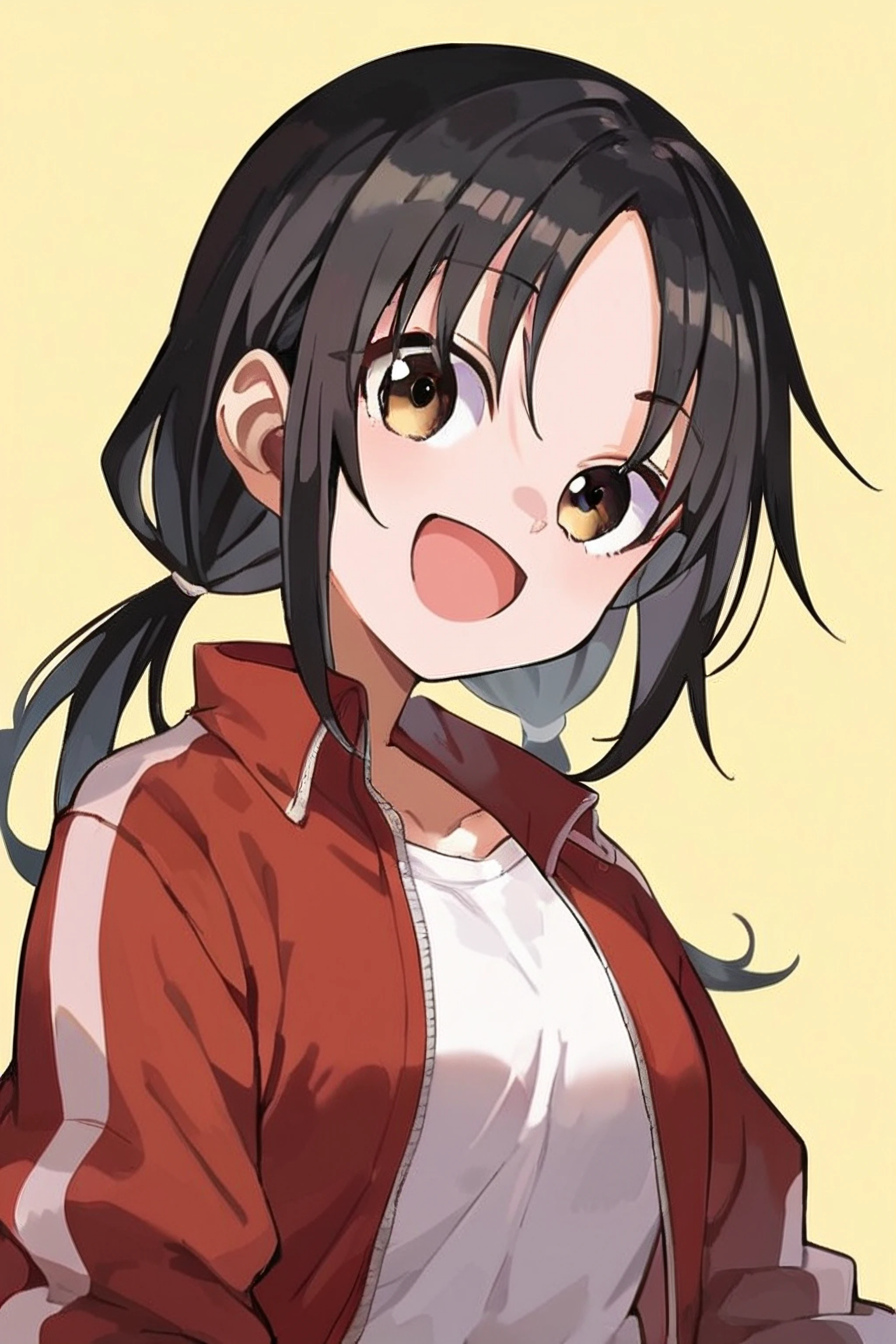 score_9, score_8_up, score_7_up, score_6_up, score_5_up, score_4_up <lora:NagisaAkane:0.7> NagisaAkane, 1girl, solo, black hair, low twintails, smile, open mouth, white shirt,  red jacket, open jacket, standing, yellow background, looking at viewer, upper body,