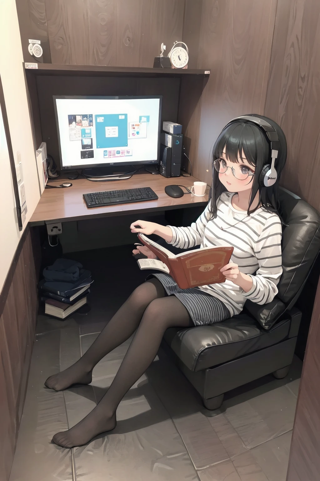 masterpiece, best quality, ultra-detailed, illustration, glasses,
necafe, scenery, 1girl, solo, computer, monitor, chair, black hair, sitting, book, striped, pantyhose, headphones, indoors, desk, lamp
<lora:netcafe_SD15_V1:0.8>