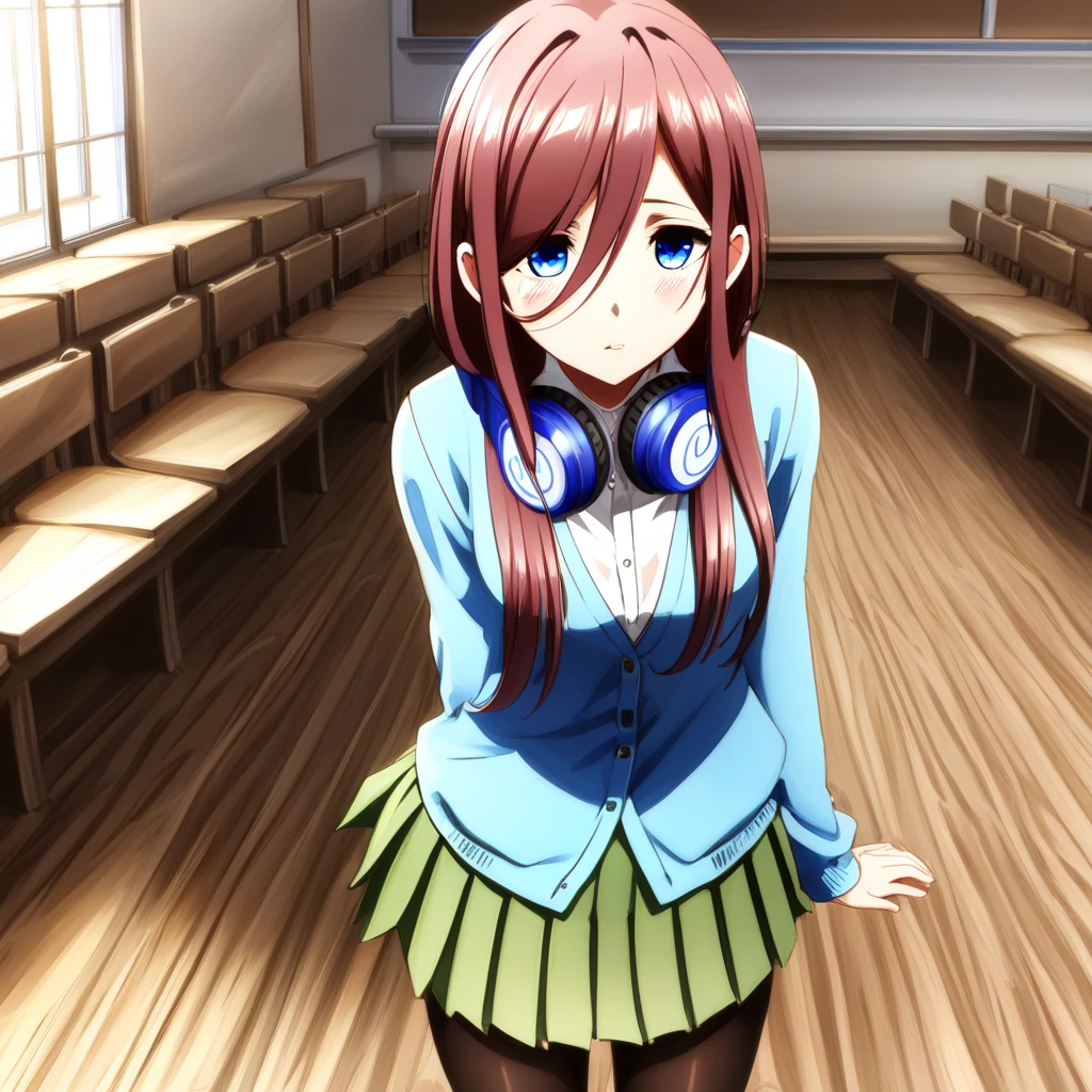 mikunakano,miku nakano, long hair, bangs, blue eyes, brown hair, shirt, hair between eyes, headphones, cardigan, headphones around neck, BREAK skirt, shirt, long sleeves, white shirt, pantyhose, pleated skirt, black pantyhose, cardigan, green skirt, blue cardigan, BREAK indoors, classroom, BREAK looking at viewer,  BREAK ,(masterpiece:1.2), best quality, high resolution, unity 8k wallpaper, (illustration:0.8), (beautiful detailed eyes:1.6), extremely detailed face, perfect lighting, extremely detailed CG, (perfect hands, perfect anatomy),