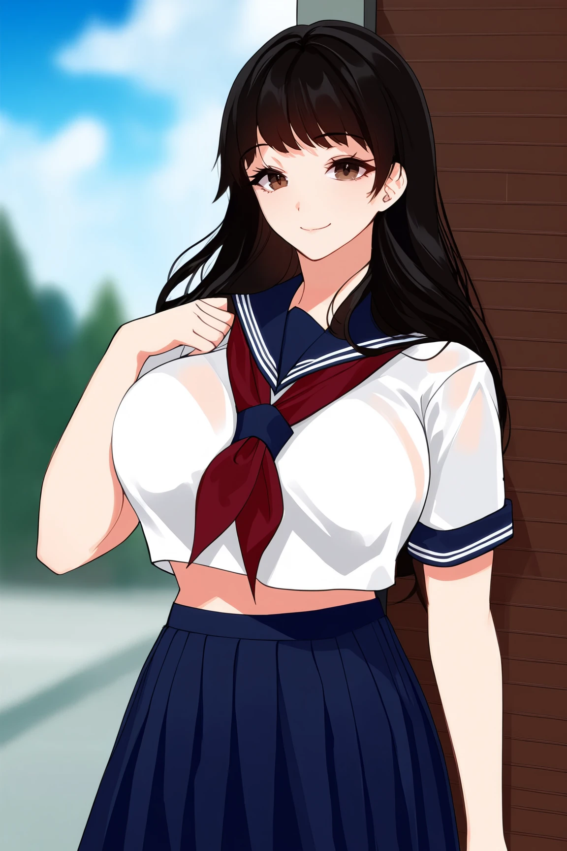 score_9, score_8_up, score_7_up, BREAK source_anime, solo, looking at viewer,
1girl,
BREAK
black hair, large breasts, brown eyes, long hair,
closed mouth, smile,
school uniform, serafuku, short sleeves, neckerchief, red neckerchief, pleated skirt, blue skirt,
BREAK
sunrise, vibrant colors, horizon glow, tranquil,
<lora:fLikeRabbits-style:1>