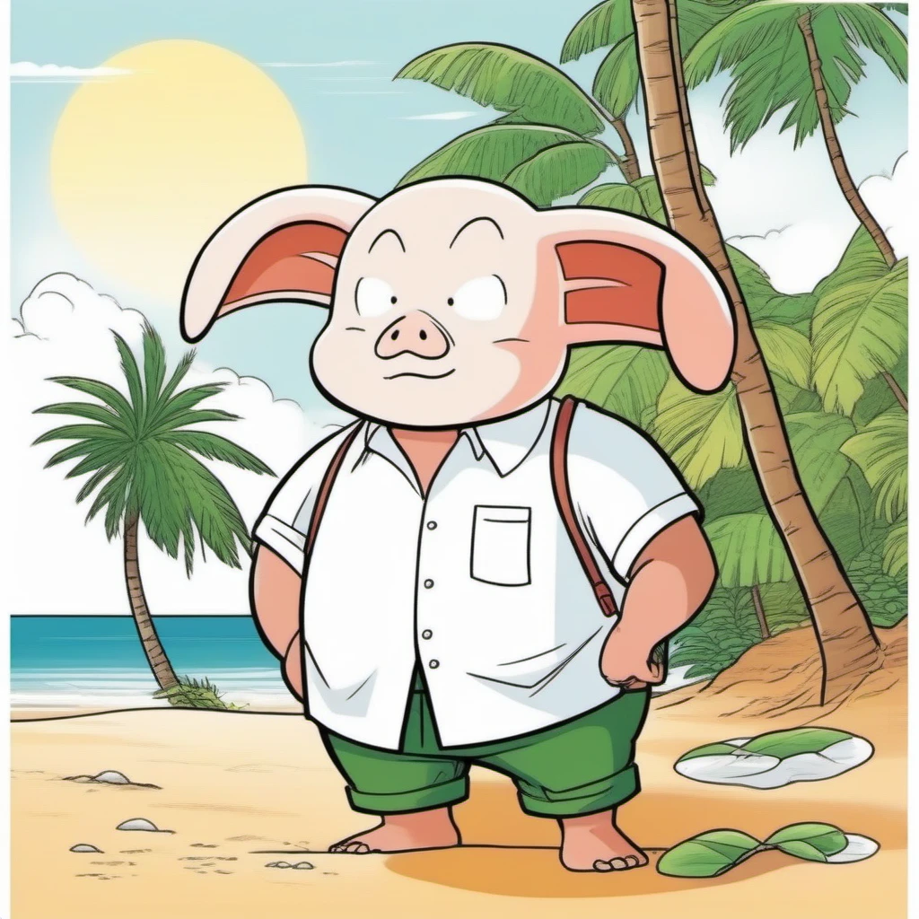 comic a small Oolong wears supenders, white shirt and pants, beach, jungle <lora:Oolong1024-v2:0.8> . graphic illustration, comic art, graphic novel art, vibrant, highly detailed