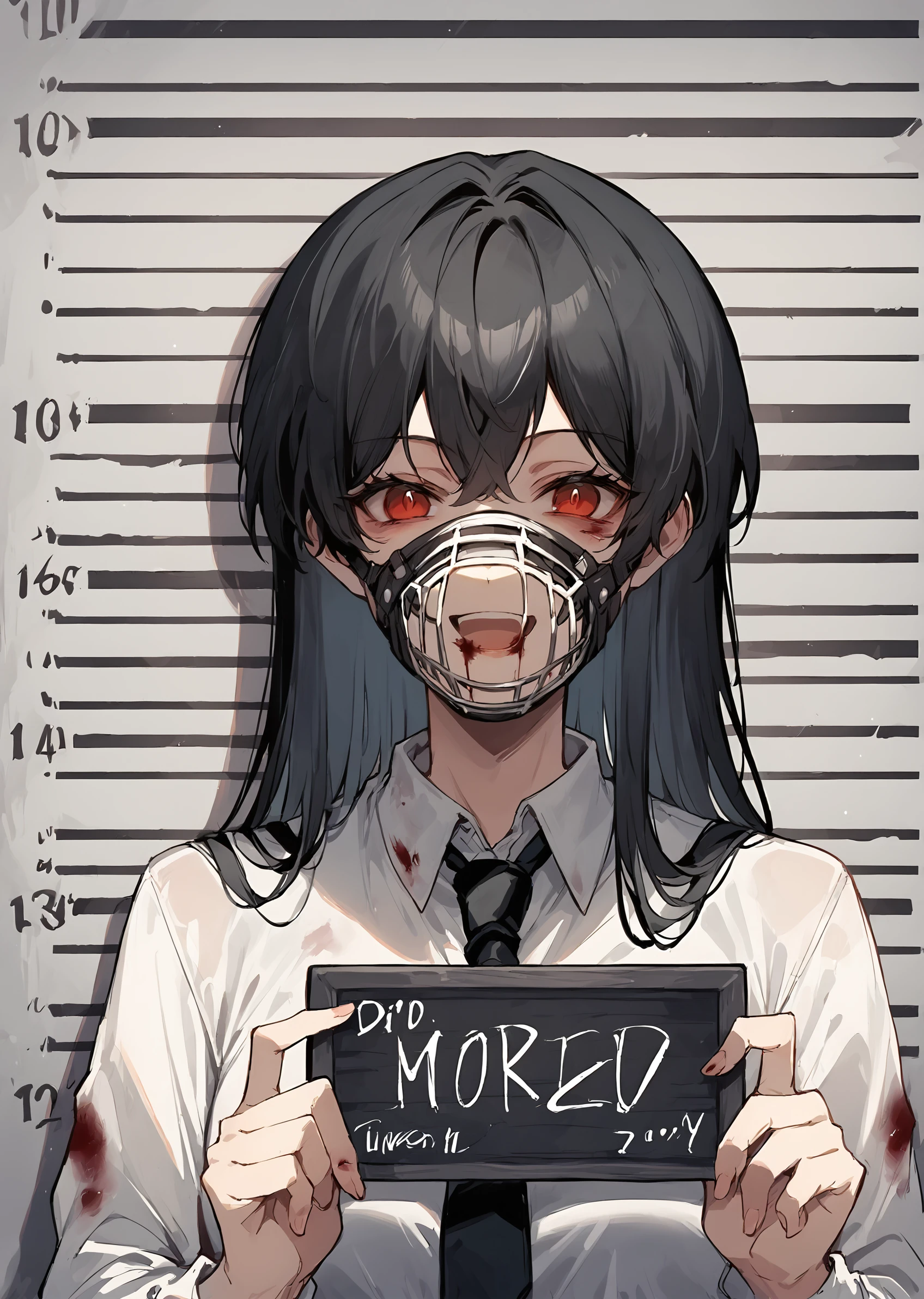 (score_9, score_8_up, score_7_up) BREAK source_anime,1girl,solo,red eyes,black hair,long hair,muzzle_mask,smile,open mouth,white shirt,blood stain,black necktie,looking at viewer,standing,mugshot,holding sign,
<lora:mugshot_pony_ver1:1>,
<lora:muzzle:1>,