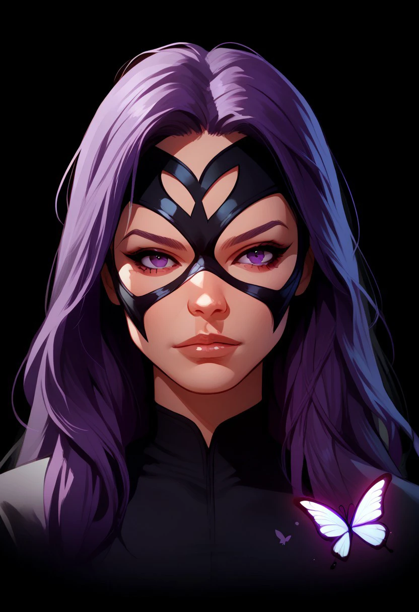 dskheroes, 1girl, solo, long hair, looking at viewer, simple background, butterfly mask, purple hair, purple eyes, black background, portrait , , , portrait, comic art style, source_cartoon, score_9, score_8_up, score_7_up, score_6_up,