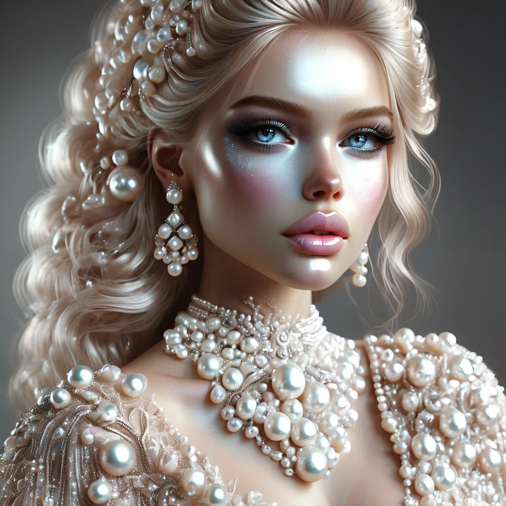 Pearlum, woman, close-up, portrait, blonde hair, wavy hair, pearl jewelry, earrings, necklace, intricate design, elaborate, makeup, flawless skin, pink blush, blue eyes, glossy lips, high fashion, glamorous, artistic, studio lighting, detailed, digital art, luxurious, fantasy, elegant, beauty, sophisticated, stylized, ethereal, soft lighting, feminine, modern, high-definition, photorealistic, ornate, accessories, evening wear <lora:Pearlum_World_Morph:1>