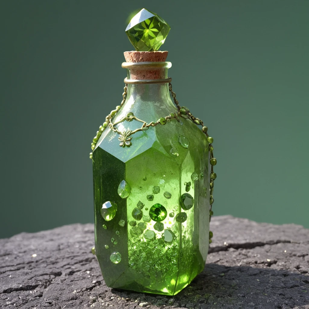 bottle, made out of hud_per1d0t_wrld, green gem, glittering, fantastical, whimsical, <lora:peridot:0.7>