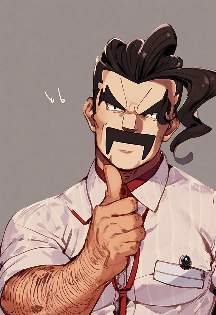 score_8_up, score_7_up, score_9, solo male, upper body, 
BREAK,
packsaguaro, mustache, collared shirt, suspender, gruff expression, thick eyebrows, arm hair, thumbs up,