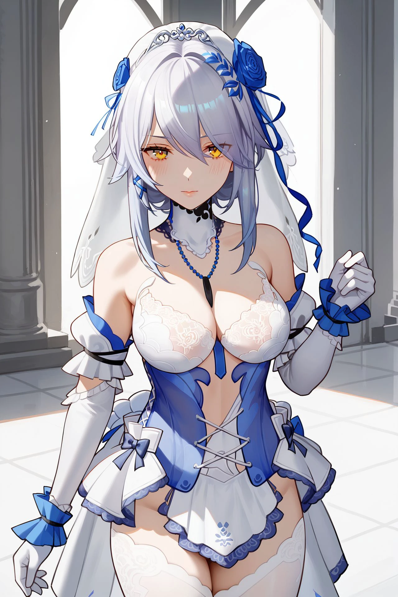 score_8_up, 1girl, solo, blush, :3, looking_at_viewer, <lora:sb-Lyfe-InfiniteSight-FrozeninLove_PonyXL_cha_v01:0.75> sb-lyfe-isfl, dress, gloves, veil, thighhighs, ribbon, hair flower, detached sleeves, lace trim