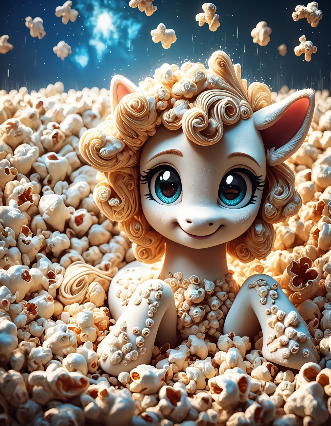 score_9, score_8_up, score_7_up, score_6_up, score_5_up, score_4_up,  
source:photo, Popcorn,close up,
baby pony made of popcorn walking on a park,popcorn fur, popcorn flowers, raining popcorn, blue galaxy sky, popcorn clouds,funny smile