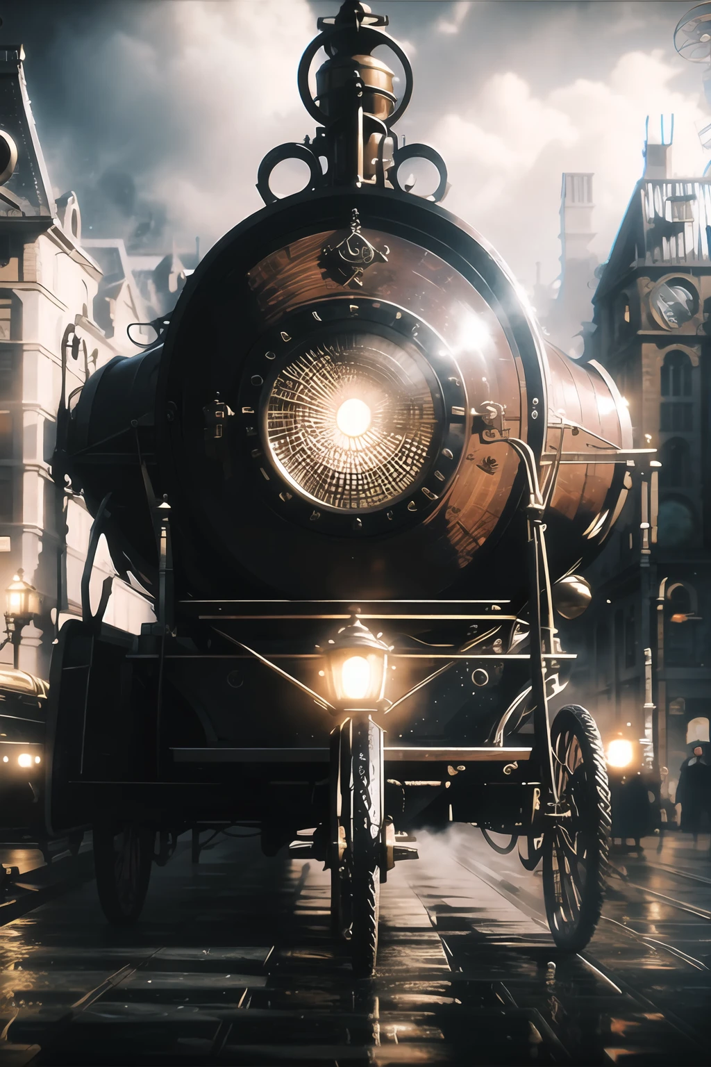 steampunk,award-winning picture,highly detailed,ultra-high resolutions,32K UHD,sharp focus,best quality,masterpiece,outdoors,street,gear,steampunk aesthetics,piping,puddle,carriage,,<lora:steampunk_v1.0:1>