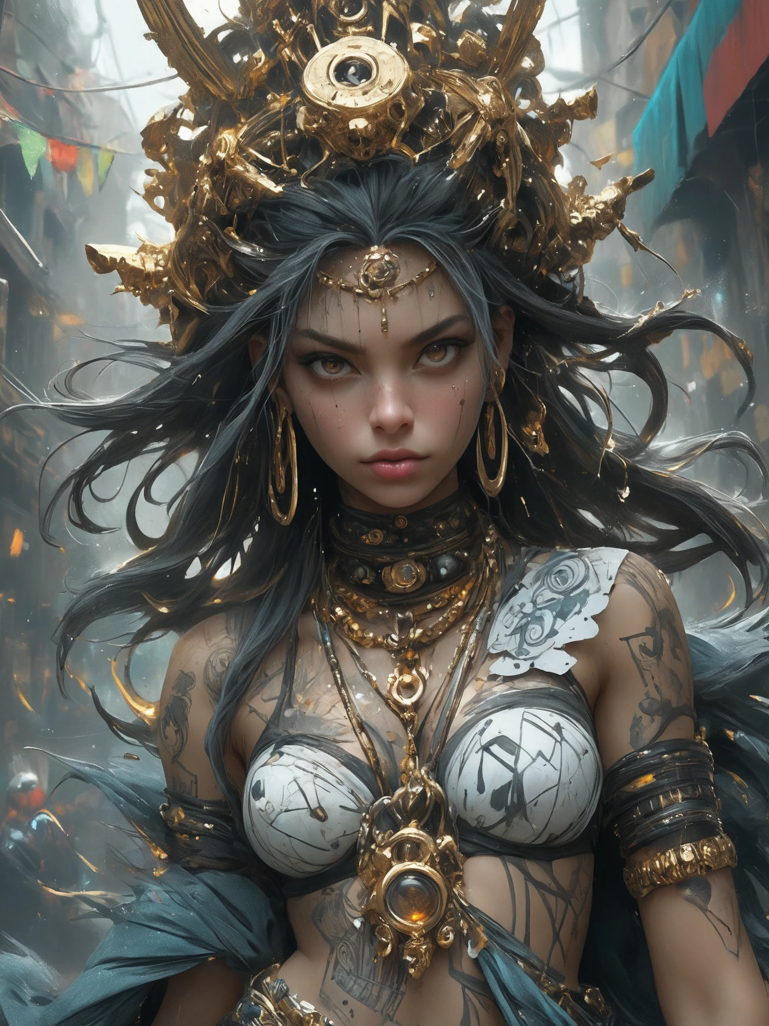 hyghly detailed and hyper realistic, style of Andreas Vesalius, by Bastien Lecouffe-Deharme, an abstract, surreal portrait of a cyberpunk voodoo priestess, obsidian skinned with golden tattoos and jewelry, highest contrast, moody, metallic, standing amidst an apocalyptic chaos storm with glowing debris flying around
epic action, Unreal Engine, cinematic award winning artwork, many details, extreme detailed, full of details,Wide range of colors., dramatic, Dynamic,Cinematic,Sharp details, Insane quality. Insane resolution. Insane details. Masterpiece. 32k resolution. casting shadow style, cucoloris patterned illumination, dvr-lnds-sdxl, ral-dissolve, ral-ertmsphr, ral-porcelain, ral-pxlprtcl, Niji, aidma-niji
