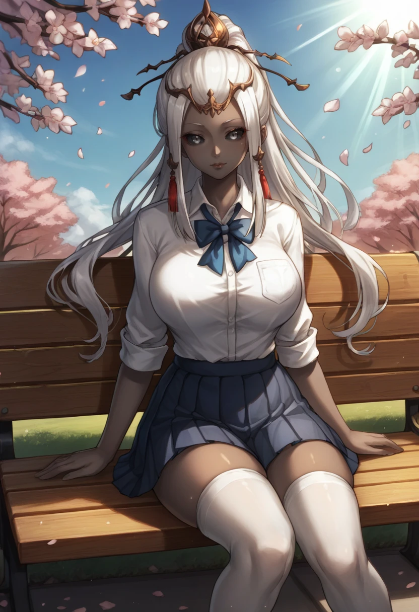 score_9, score_8_up, score_7_up, BREAK 1girl, cowboy shot, looking at viewer, 
<lora:SophiaDwnsty:0.8>, sophiaffxiv, very dark skin, headpiece, grey sclera, grey eyes, white hair, long hair, ponytail, colored skin, white shirt, collared shirt, bowtie, pleated skirt, blue skirt, school uniform, white thighhighs, outdoors, sunlight, school yard, cherry blossoms, blue sky, bench, outdoors, sunlight, school yard, cherry blossoms, blue sky, bench, sitting, on bench,
large breasts, skindentation,  lips,