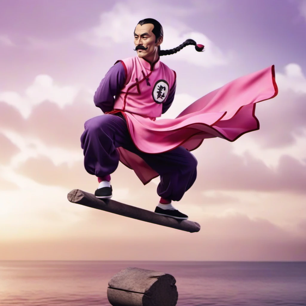 cinematic photo full body portrait 1boy, mustache, solo, single braid, black hair, pink and purple chinese clothes, facial hair,  on a horizontal pole, flying in the air over the sea  <lora:TaoPaiPai1024:0.8> . 35mm photograph, film, bokeh, professional, 4k, highly detailed