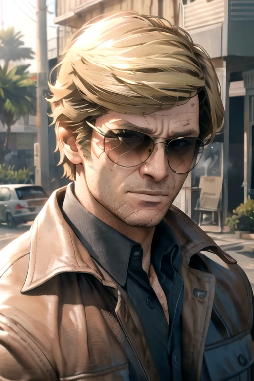 russell adler, 1boy, male focus, looking at viewer, blonde hair, sunglasses, shaded eyes, scar on face, leather jacket, collared shirt, stubble, smoking, holding cigarette,  outdoors,
BREAK, best quality, highres, realistic,  game cg,
<lora:AdlerV2:1>