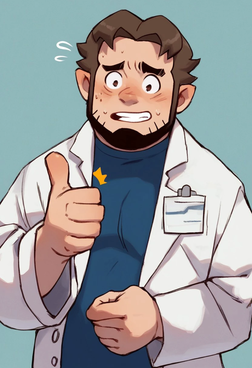 score_8_up, score_7_up, solo male, upper body, 
BREAK,
(packbirch:1.3), lab coat, blue shirt, facial hair, nervous expression, thumbs up,
simple background,