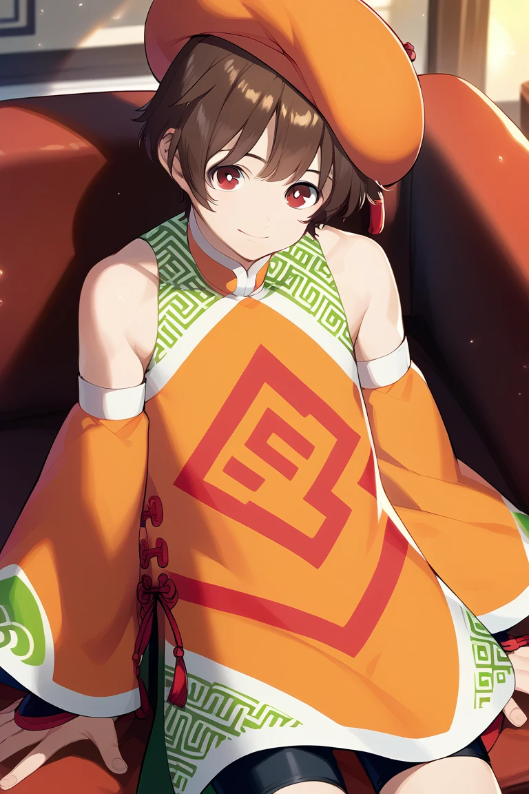 score_9, score_8_up, score_7_up, score_6_up, detailed, intricate details,best quality ,source_anime, cowboy shot,male focus,
bao, brown hair, brown eyes, chinese clothes, orange cabbie hat, detached sleeves, orange tangzhuang, bare shoulders, 1boy, male focus, looking at viewer, short hair, lying, couch, smile, shiny hair, bangs, bike shorts, shiny, solo focus, closed mouth, long sleeves, pov, black shorts<lora:EMS-423433-EMS:1.000000>