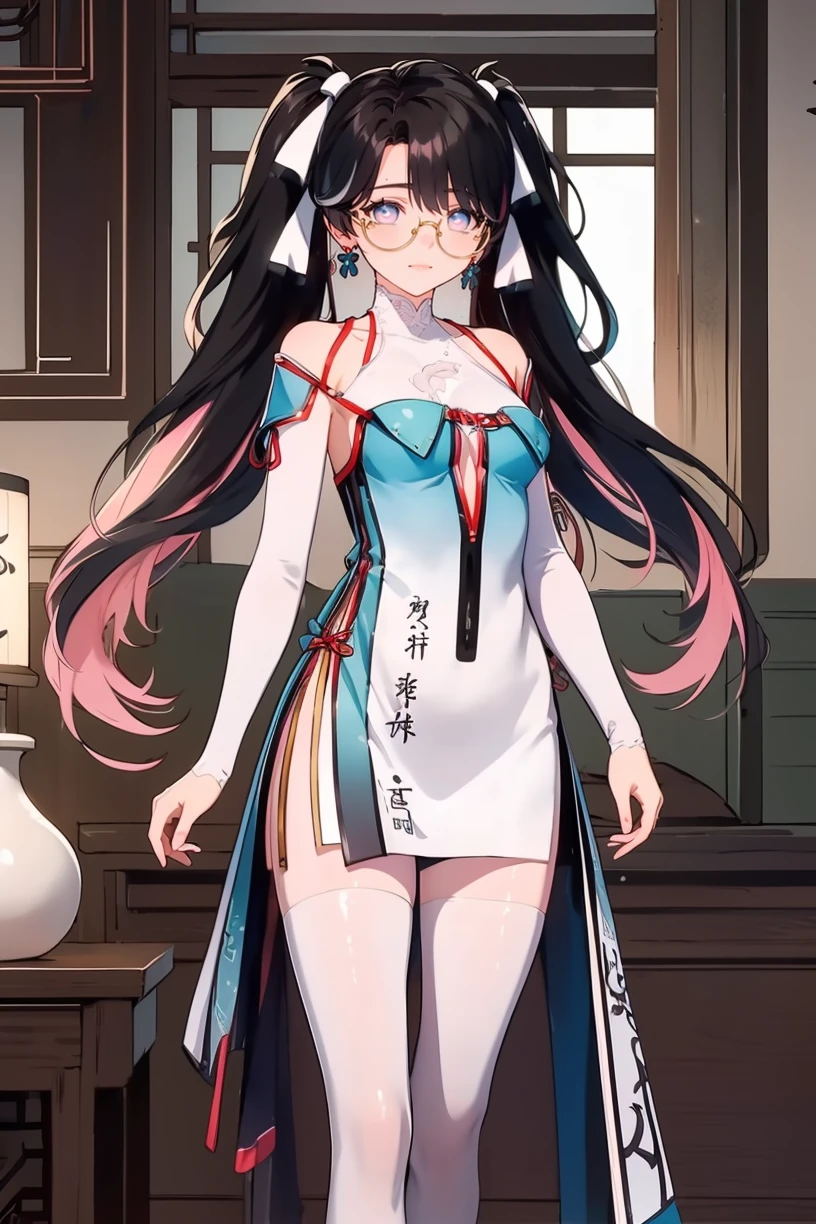 (masterpiece, best quality,masterpiece,illustration,),
very long hair,indoors,
<lora:Zhezhi:0.9>,Zhezhi,twintails,multicolored hair,glasses,hair ribbon,chinese clothes,white pantyhose,