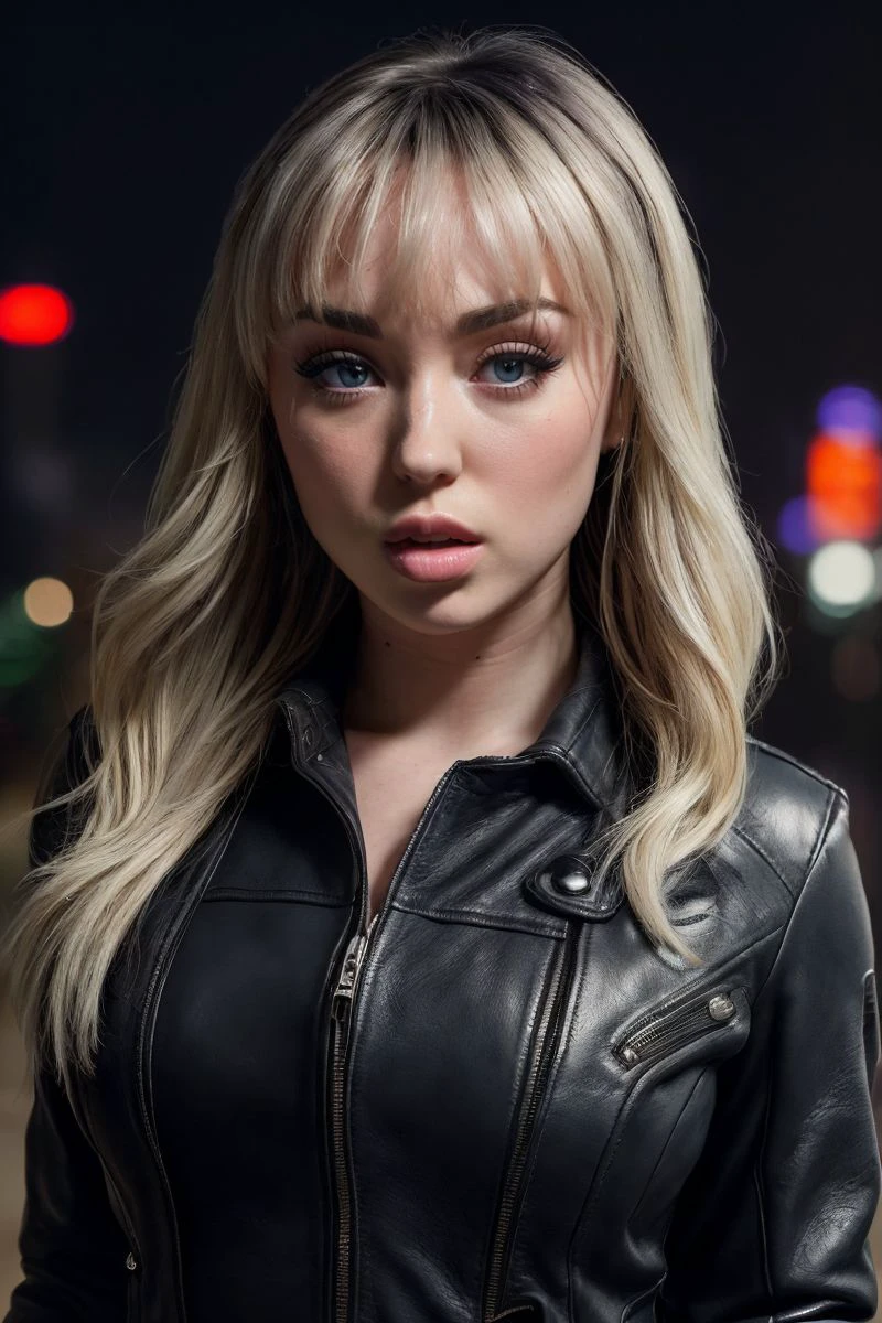 closeup headshot of S470_LillyBell,a beautiful woman,in a (city:1.1),wearing a (leather jacket),(shirt),(4k, RAW photo, best quality, 50mm, depth of field, ultra high res:1.1),(intricate, photorealistic, cinematic-shot, masterpiece, ultra-detailed:1.1),