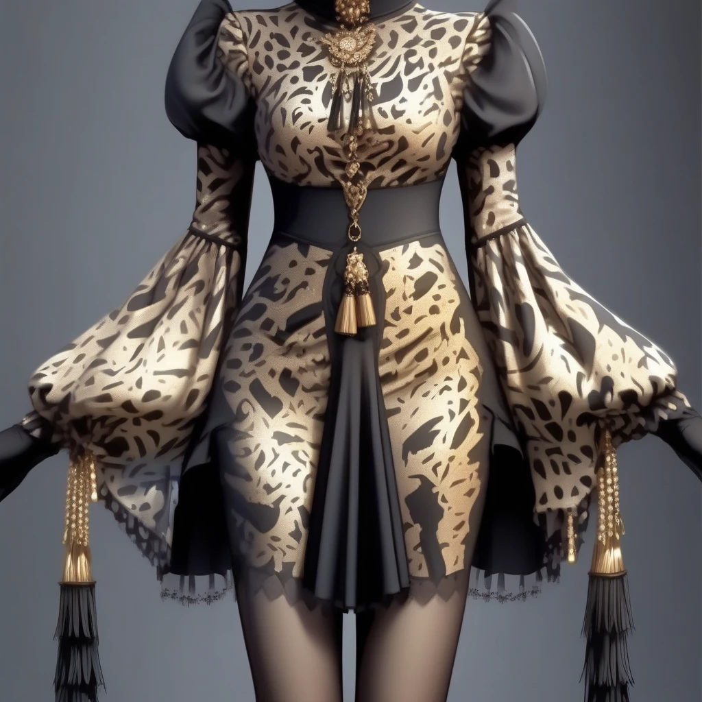 dskgold_filigree, solo, black gloves, dress, pantyhose, black dress, gloves, long sleeves, tassel, black pantyhose, print dress, standing, feet out of frame, skirt hold, puffy sleeves, puffy long sleeves, facing away, sparkle, animal print, see-through, gold filigree, made of gold